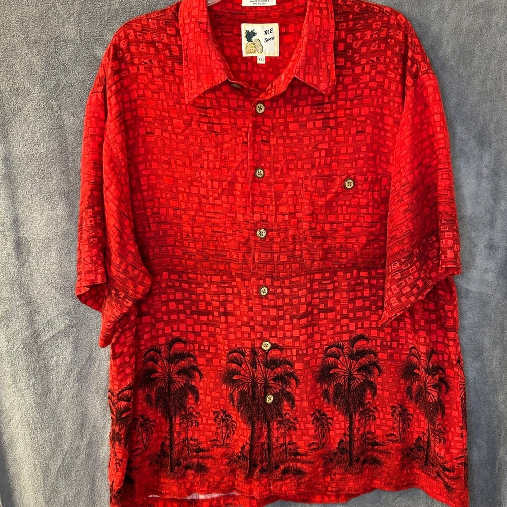 VTG ME Sport Mens XXL Red Tropical Palm Tree Print Rayon Aloha Shirt Korea